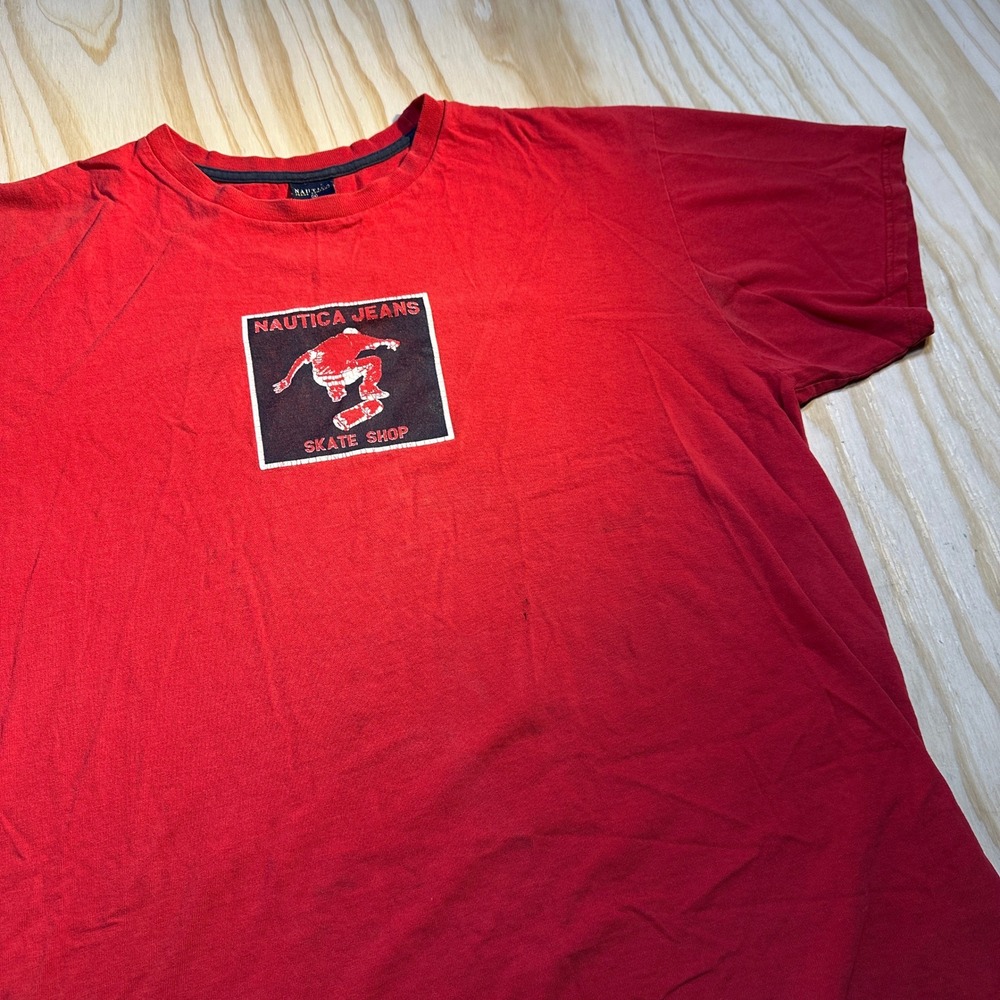 Nautica Jeans Mens XL Red Skate Shop Graphic T-Shirt Short Sleeve Cotton